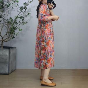 V-Neck Ramie High Waist Loose Floral Dress