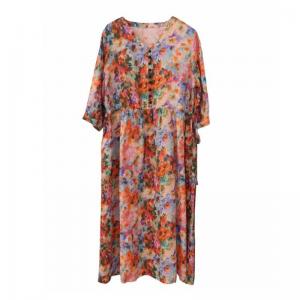 V-Neck Ramie High Waist Loose Floral Dress