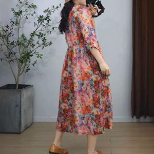 V-Neck Ramie High Waist Loose Floral Dress