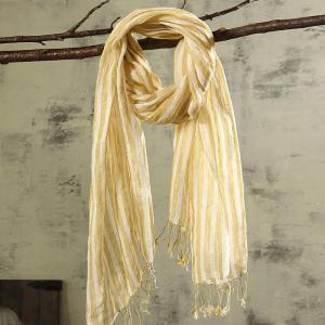 Yellow Striped Fringed Linen Scarf