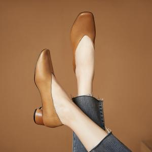 Square Toe Cowhide Chunky Heels Ladies Footwear