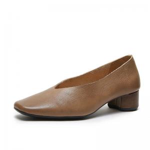 Square Toe Cowhide Chunky Heels Ladies Footwear