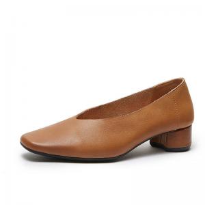 Square Toe Cowhide Chunky Heels Ladies Footwear
