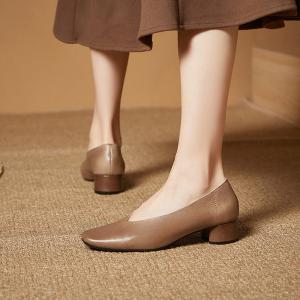Square Toe Cowhide Chunky Heels Ladies Footwear