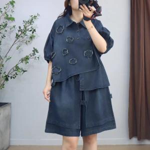 Patchwork Polo Jean Shirt with Wide Leg Jorts