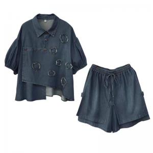 Patchwork Polo Jean Shirt with Wide Leg Jorts