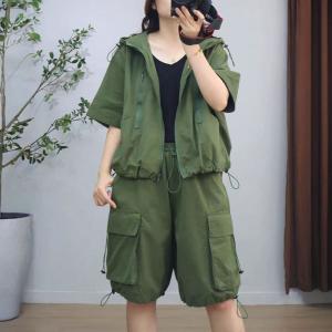 Hooded Short Jacket with Drawstring Cargo Shorts
