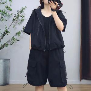 Hooded Short Jacket with Drawstring Cargo Shorts
