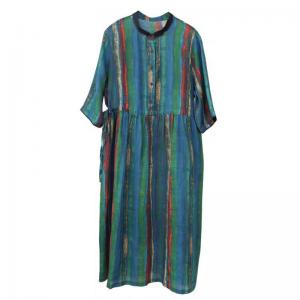 Blue Stripes Loose Ramie Tied Hawaii Dress