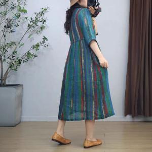 Blue Stripes Loose Ramie Tied Hawaii Dress