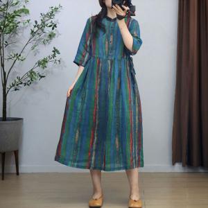 Blue Stripes Loose Ramie Tied Hawaii Dress