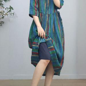 Blue Stripes Loose Ramie Tied Hawaii Dress