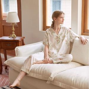 Petal Collar Printed Pajamas Shirt with Long Pants