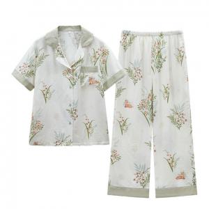 Petal Collar Printed Pajamas Shirt with Long Pants