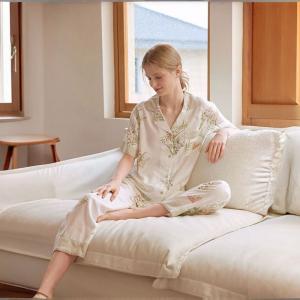 Petal Collar Printed Pajamas Shirt with Long Pants