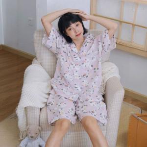Cartoon Cat Bamboo Cotton Homewear Blouse with Shorts