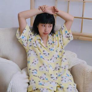 Cartoon Cat Bamboo Cotton Homewear Blouse with Shorts