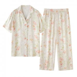 Pastel Colors Pints Silk Blouse with Long Pajamas Pants