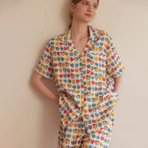 Cartoon and Heart Patterned Pajamas Shirt with Shorts