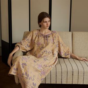Puff Sleeves Loose Flowers Cotton Night Dress