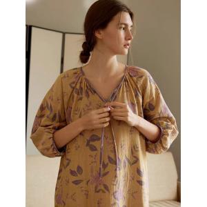 Puff Sleeves Loose Flowers Cotton Night Dress