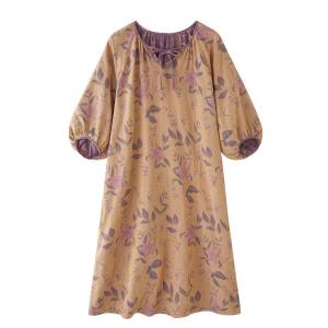 Puff Sleeves Loose Flowers Cotton Night Dress