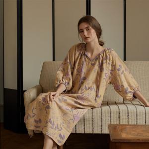 Puff Sleeves Loose Flowers Cotton Night Dress