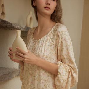 Crew Neck Silk Long Sleeves Floral Night Dress