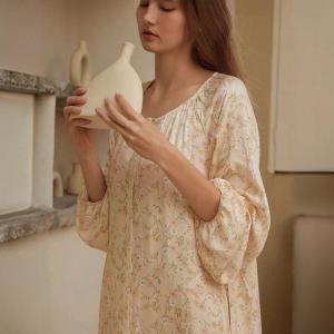 Crew Neck Silk Long Sleeves Floral Night Dress