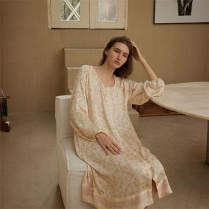 Crew Neck Silk Long Sleeves Floral Night Dress
