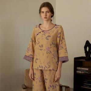 Qipao-Like Lily Flowers Cotton Long Pajamas Sets