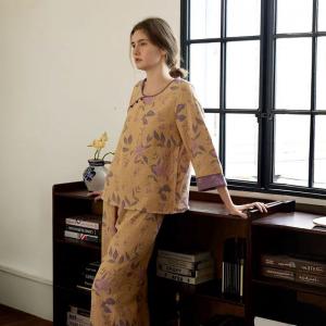 Qipao-Like Lily Flowers Cotton Long Pajamas Sets