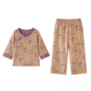 Qipao-Like Lily Flowers Cotton Long Pajamas Sets