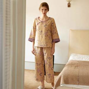 Qipao-Like Lily Flowers Cotton Long Pajamas Sets