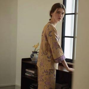 Qipao-Like Lily Flowers Cotton Long Pajamas Sets