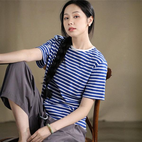 White and Blue Striped Casual Cotton Tee