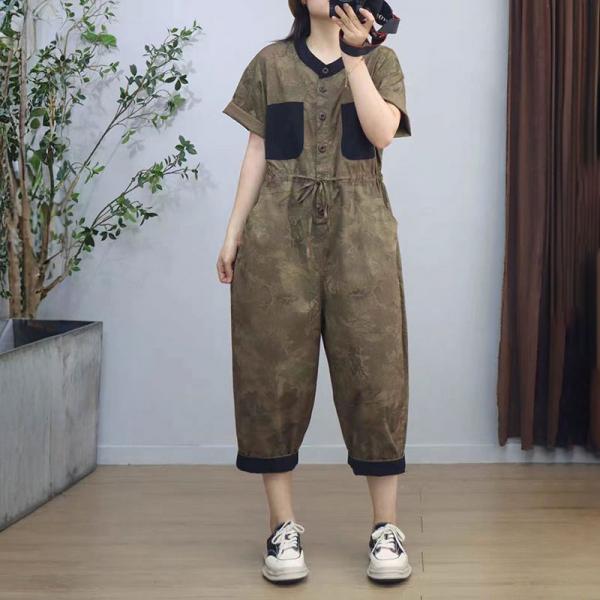 Tied Waist Short Sleeves Leaf Printed Casual Jumpsuits