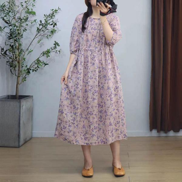 Purple Flowers High Waist Ramie Loose Dress