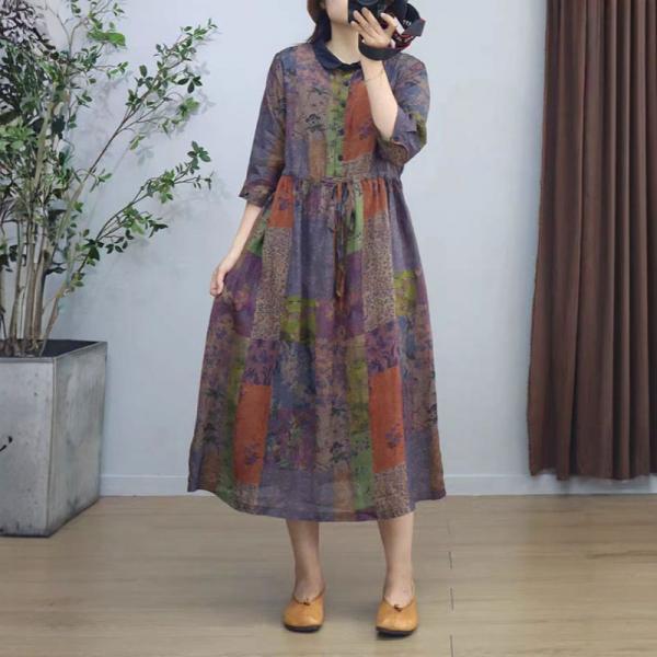 Lace Up Color Blocks Ramie Summer Dress