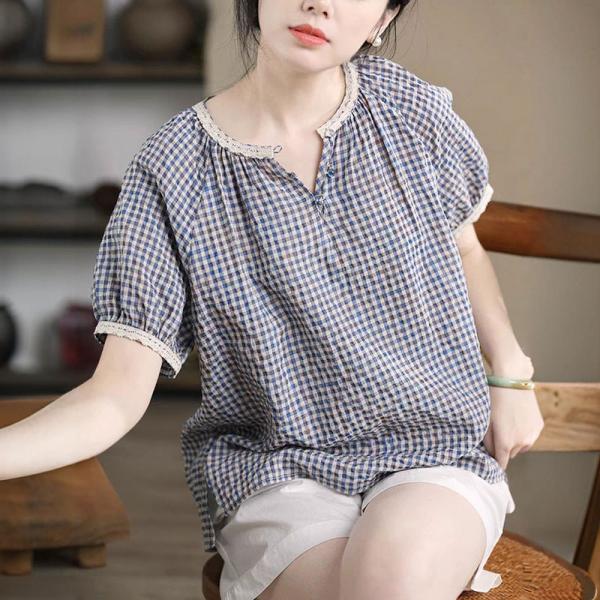 Lace Hem Blue Plaid Cotton Linen Blouse