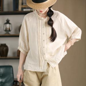 Summer Linen Pleated Ruffled French Blouse