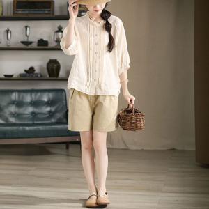 Summer Linen Pleated Ruffled French Blouse