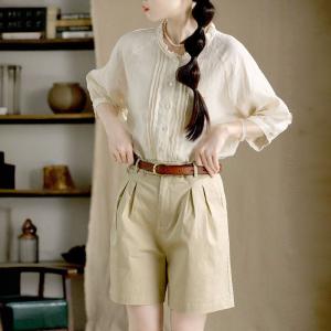 Summer Linen Pleated Ruffled French Blouse