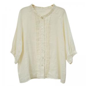 Summer Linen Pleated Ruffled French Blouse