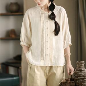 Summer Linen Pleated Ruffled French Blouse