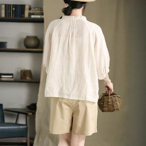 Summer Linen Pleated Ruffled French Blouse