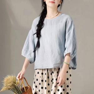 French Chic Pastel Blue Linen Shirt for Women
