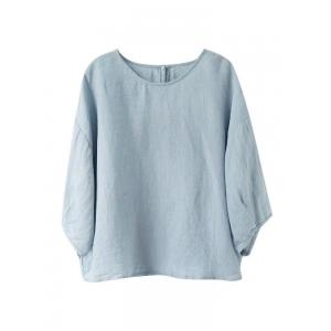 French Chic Pastel Blue Linen Shirt for Women