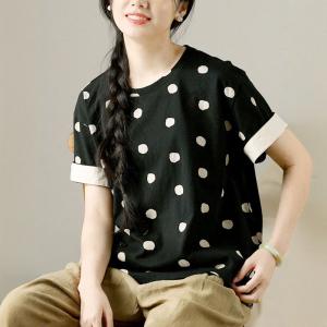 Short Sleeves Cotton Black Polka Dots T-shirt