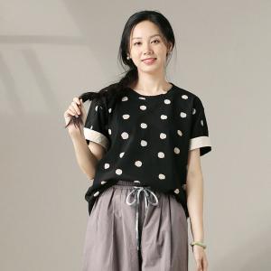 Short Sleeves Cotton Black Polka Dots T-shirt